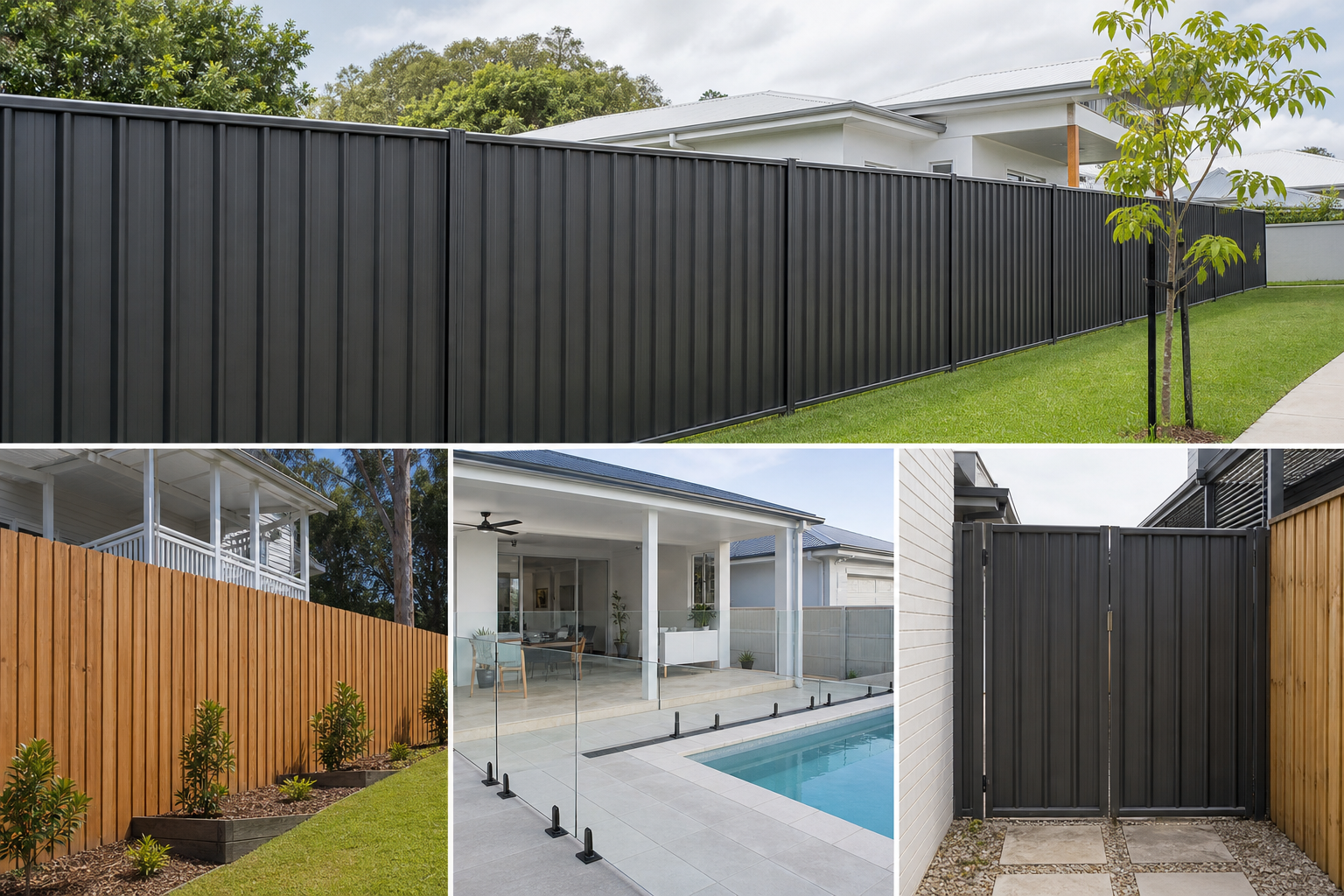 New charcoal Colorbond fence beside a modern Brisbane home